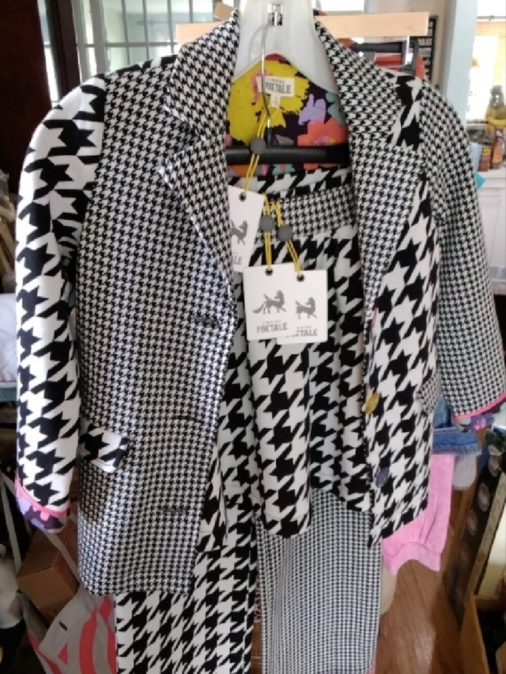 3 Piece Girls' Black & Multi Floral Houndstooth Suit